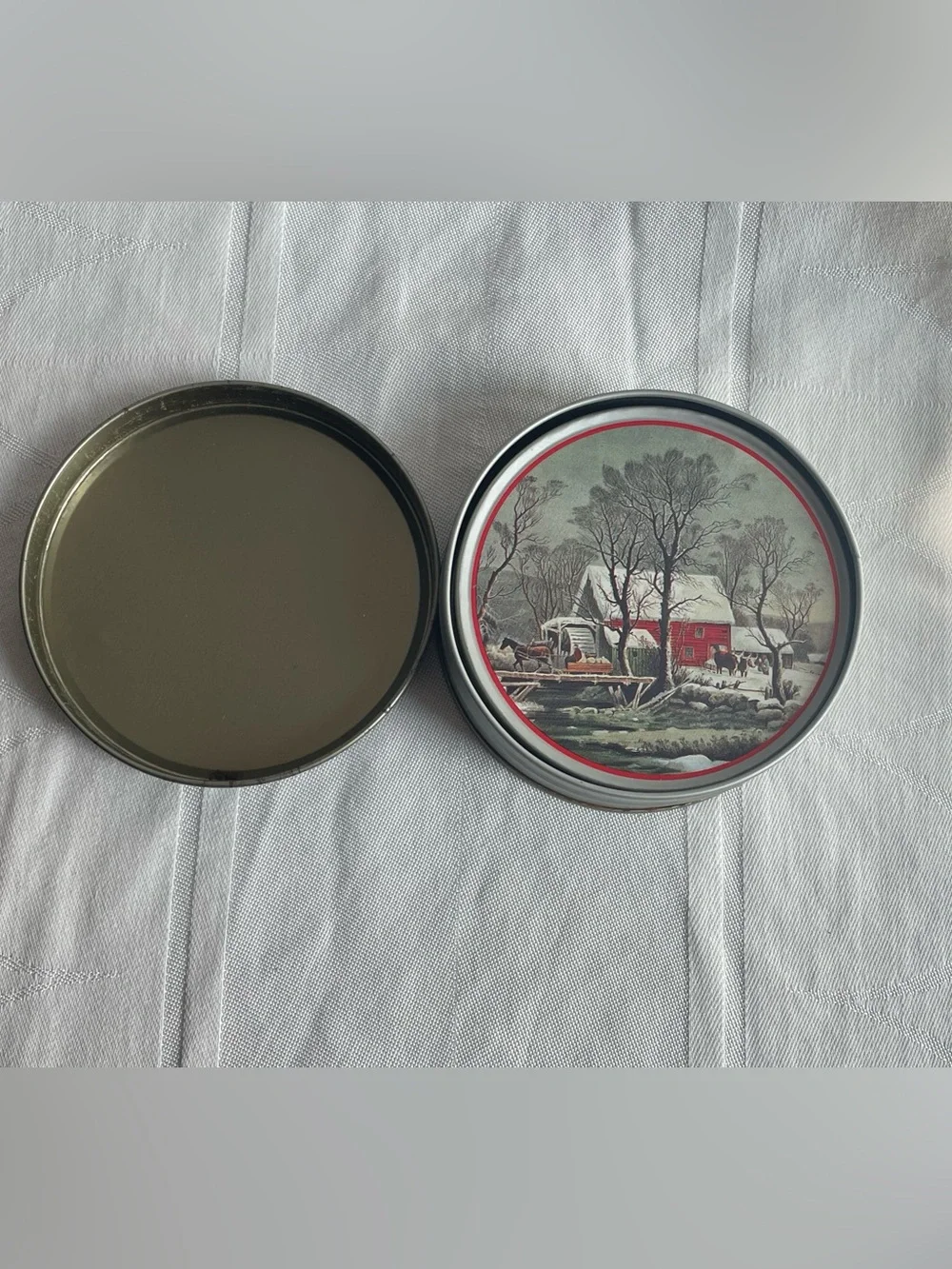 Vintage Currier & Ives Tin Coasters w Storage Winter Red Barn Scene Set of 6